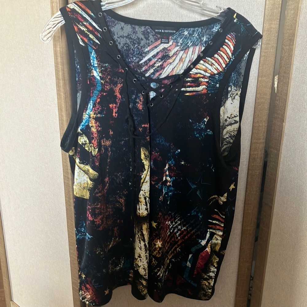 FINAL MARKDOWN Rock & Republic Blue Black Sleeveless Tie Front Tank Top xl